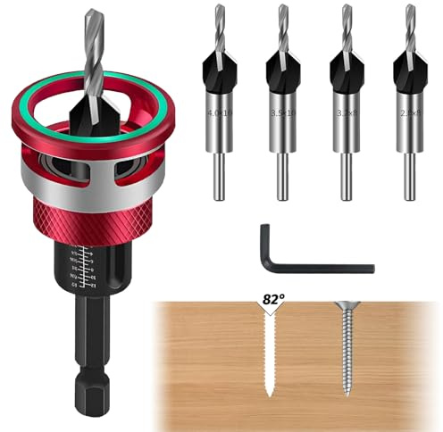 Kinfezlon 6 tlg Kegelsenker Bohrer Set, Senker Holzbohrer mit Tiefenanschlag, Teilige Bohrsenker, Holzbohrer mit Senker, Präzise Bohrungen, Bohrsenker mit 1/4 Hex Schaft, für präzise Holzbohrungen