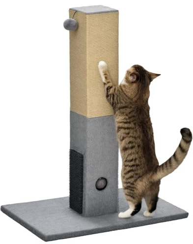PawHut Poteau à Gratter pour Chat 79 cm avec Balle Suspendue Gris | Arbre à Chat, Tronc à Griffer, Balle avec Clochette, 2 Brosses de Toilettage