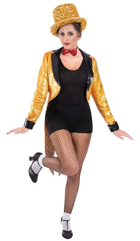 Smiffys Rocky Horror Columbia Costume for Women, Official Licensed Outfit with Sequin Gold Tailcoat & Red Bow Tie, Musical Film Fancy Dress Character Costume for Parties, Halloween & Themed Events