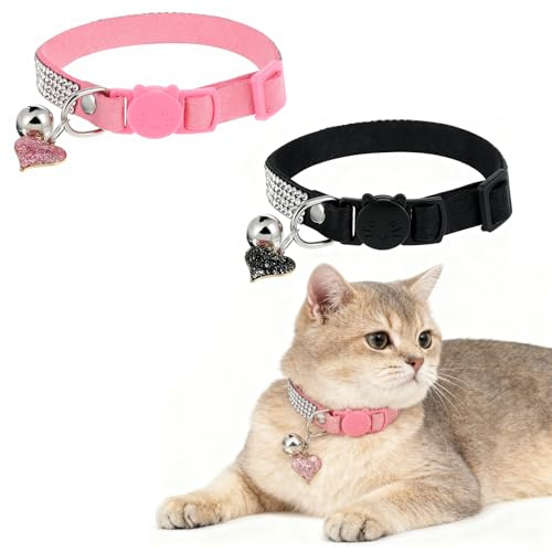 2 Stück Katzenhalsband mit Sicherheitsverschluss, Katzen Halsbänder Cat Collar mit Glöckchen Strass, Verstellbar Weiches Kittenhalsband für Kleine Katzen, Hunde, Kaninchen (Rosa, Schwarz)