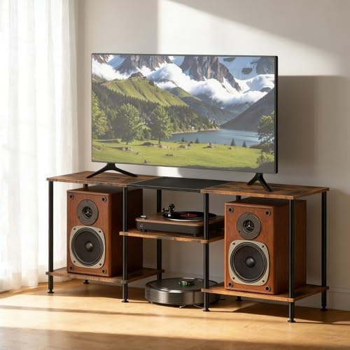 UOMIO Mueble de TV de 3 niveles, para televisores de 50 pulgadas, con patas ajustables, muebles rústicos para salón, dormitorio, hotel, color marrón