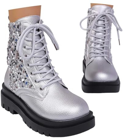 KBOPLEMQ Botines góticos para mujer brillantes con cordones con lentejuelas de piel sintética botines de motorista de tacón bajo botines con cordones punk cómodos zapatos de tobillo para fiesta al