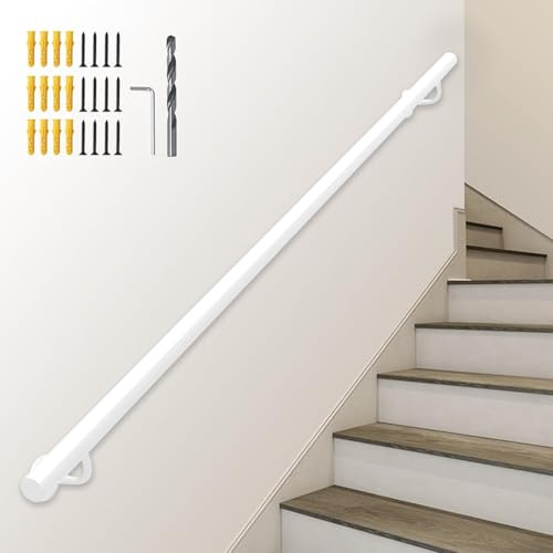 Kit de pasamanos de escalera, balaustrada montada en la pared de hierro forjado, barra de apoyo interior y exterior de tubo de 1,26 pulgadas, barandilla de escalera blanco(150cm)