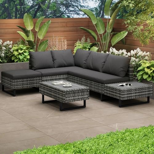 Polyrattan Gartenmöbel Set, Gartengarnitur Sitzgruppe Sofa Lounge, Gartenlounge für 4-5 Personen, Lounge mit Ecksofa, Tisch & Auflagen, Abnehmbarer und Waschbarer Stoffbezug, Balkonmöbel Set, Grau