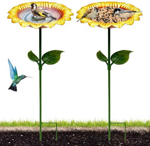 BORDEAG 2 abbeveratoio per uccelli da giardino, in piedi, in ferro, per uccelli, per esterni, design a girasole, per cortile, 20 x 20 x 64 cm