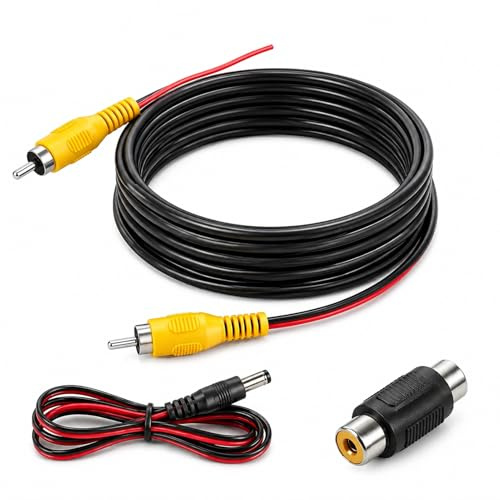 6M Cable Camera de Recul RCA Double Blindage, Câble Vidéo RCA de 6m avec Rallonge RCA et Adaptateur Femelle Femelle, Câble Vidéo pour Caméra de Recul Voiture, Moniteur et Autoradio
