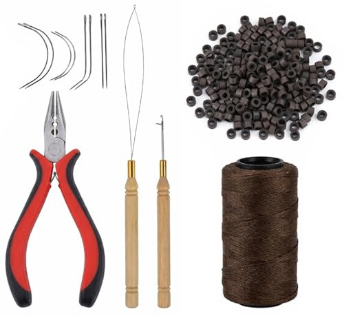 Hair Extensions Tools Kit, Hair Plaiting Tool, Hair Extension Pliers with 200 Pcs Silicone Lined Micro Rings Links Beads, Sewing Thread, Loop Needle Threader, Pulling Hook Needle, 8Pcs Sewing Needles