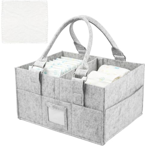 Organizador de pañales de fieltro gris – Organizador de pañales con compartimentos extraíbles y marco de fotos y toalla de forro polar coral para bebé, cesta para pañales para recién nacidos y niños