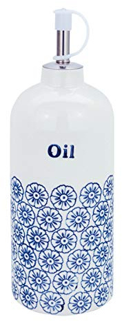 Nicola Spring Vinegar Bottle - 500ml - Dishwasher Safe Stoneware Kitchen Hand Printed Navy Vinegar Dispenser Cruet with Chrome Pourer Spout for Kitchens, Restaurants, Dining