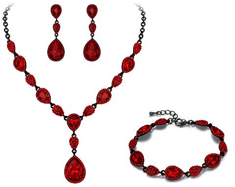 Clearine Juegos de Joyas de Mujer Cristal Lágrima Boda Traje de novia Declaración Collar Pendientes perforados Conjunto de Pulsera,Color Rojo Negro-Tono