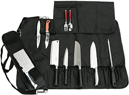 JURONG Sac à couteaux de chef avec 17 compartiments, peut contenir couteaux, cuillères et fourchettes, étui de rangement étanche pour couteaux, outils de cuisine (noir)