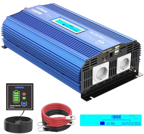 Reiner Sinus Wechselrichter 1500W Spannungswandler 12V auf 230V Power Inverter mit 2 AC-Steckdosen 2x2.4A USB-Anschlüsse Fernbedienung und Bildschirm LCD für Wohnmobil von GIANDEL