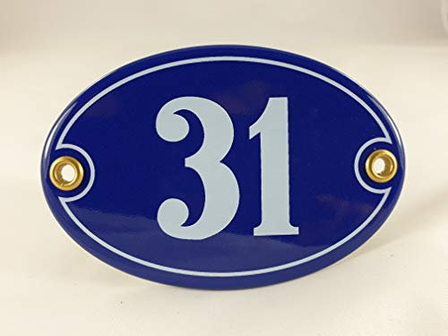 Emaille Hausnummer Schild Nr. 31, oval, Blau-Weiß Handarbeit