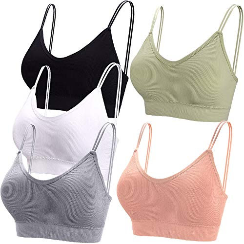 BQTQ 5 Pieces Camisole Bras for Women V Neck Camisole Bralettes Seamless Sleeping Bra with Straps and Removable Pads for Women Girls (Black, White, Grey, Pink, Green, L)