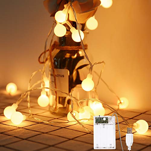 Globo String Lights, alimentazione a batteria/presa USB, 4,9 m, 40 LED, luci a sfera, decorative per illuminazione interna, camera da letto, patio, giardino, festa di matrimonio, Natale, bianco caldo