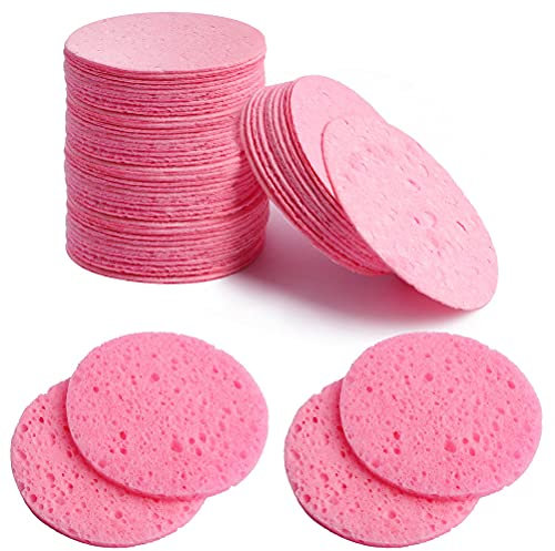 60 Pcs Compressed Facial Sponge, 60mm/2.4 Inch Natural Wood Pulp Cotton Facial Washing Sponge for Facial Cleansing, Exfoliating Mask, Makeup Removal(Round, Pink+White) (Pink)