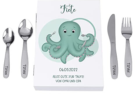 KEKSKRONE Baby Besteck mit Namen - 4-teilig - inkl. Holzschatulle - Kinderbesteck mit Gravur - personalisierte Geschenke Baby - Kinderbesteck mit Namensgravur - Geschenke zur Geburt & Taufe