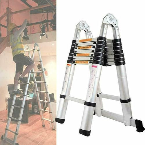 Teleskopleiter 2,5m+2,5m Edelstahl Leiter, Klappbare Stehleiter A-Rahmen, Tragbare Ausziehbare Leiter Loftleiter, 150KG Tragkraft, EN131