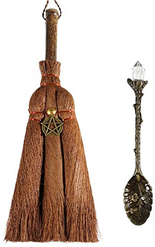 Soulnioi 23,9 cm Hexen-Altarbesen, Miniatur-Pentagramm, Wicca-Bürsten, Besen für magische Zeremonien, Halloween, Wicca, Ritual- und Retro-Kaffeelöffel, weiße Kristalllegierung, Eiscreme-Löffel
