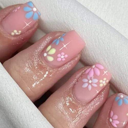 Brishow künstliche Nägel Kurze, Nägel zum Aufkleben, Blumen Press on Nails Ballerina Acryl Fake Nails 24 Stück für Frauen und Mädchen