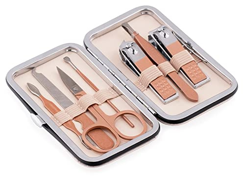 Aba Group Nagelschere Set 7 Tools - Maniküre Set - für Gesicht, Füße, Hände - Pediküre Set – Kosmetikzubehör - Nagelschere Set - Nägel Selber Machen – Nail Set im Etui Beige