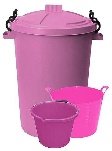 M1SS (Set of 3) 50L Litre Heavy Duty Clip Lock Lid Rubbish Bin, Dustbin /3 Gallon 14 Litre Plasters Builder Bucket and 20 Litre Flexible Plastic Storage Container Bucket Tub Trugs Horse Feeder (Pink)