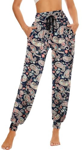 HAPYWER Haremshose Damen Lang für Sport Workout-Yogahose Jogginghose Sommerhose Leicht Weiche Lockere Bequem mit Groß Taschen-S-XXL(Flower59,M)