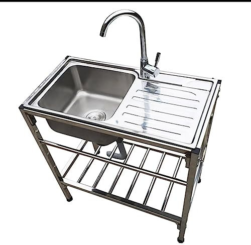 Stainless Steel Sink Kitchen Utility Sink Free Standing Sink Commercial Faucet Included with Drainer Unit with Storage Shelves for Room Garage Basement Outdoor and Indoor. (Color : Hot and cold, Siz