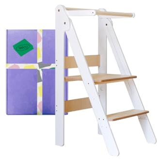 Kinderküchenturm Faltbarer Lerntritthocker Montessori Möbel Helferturm Klappbare Höhe Verstellbarer Lern Tritthocker für Kleinkinder (Weiß)