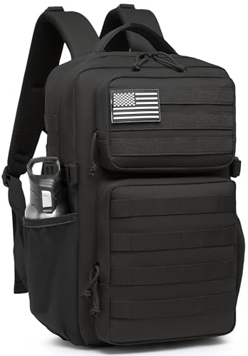 Mochila táctica militar para hombre, impermeable, mochila de asalto de 3 días, bolsa Molle con soporte para botella de agua, Black, 25L