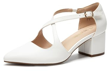 DREAM PAIRS Women's Chunky Heels Dress Pumps Closed Pointed Toe Comfort Cross Strap Block Heel Shoes for Party Dance Wedding,Size 9,White-Pu,SDPU2409W