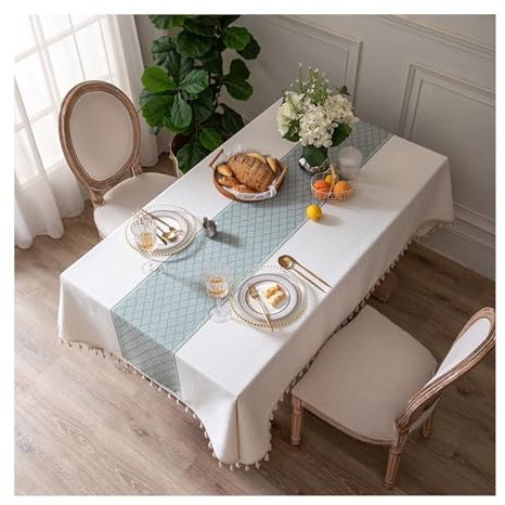 AMDXD Tischwäsche Weiß Grün, Rhombus Jacquard mit Quaste Tischdecke Polyester Baumwolle, Biertisch Tischdecke Hochzeit Tischbedeckung für Küche Esstisch Dekoration, für Esszimmer, 140x260CM