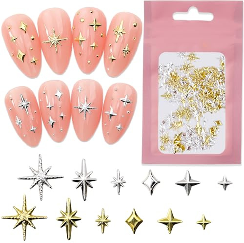 120 Stück Gold Silber Stern Nail Charms Y2K Star Charms Nägel Metall Sterne Nagel Charms Gemischte Größe Form Nail Studs Star Design Nail Art Charms 3D Stars Nagel Deko Nagelcharms Nägel Zubehör
