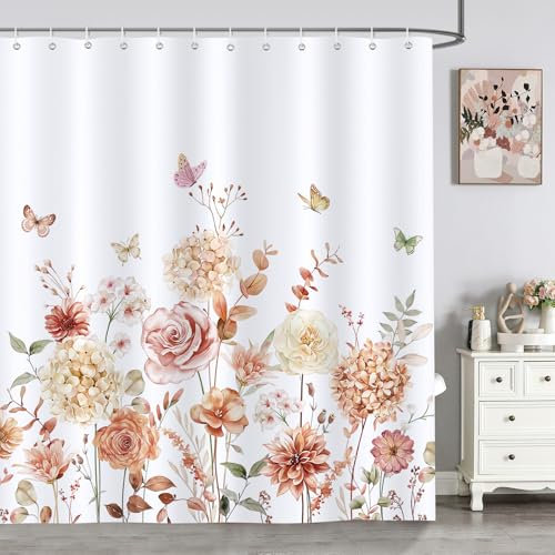 Bonhause Cortina de Ducha Flores y Hojas Otoño Planta de Acuarela Mariposa Cortina de Baño de Poliéster Impermeable Antimoho Lavable Cortina Ducha 180 x 180 cm con 12 Ganchos