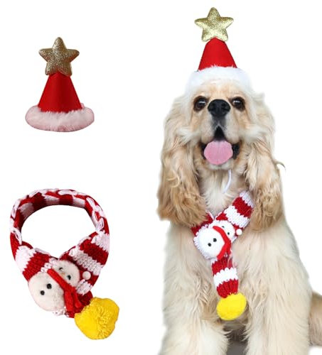 Nanou 2 Stück Weihnachten Hundekostüm, Haustier Weihnachten Kostüm Set, Haustier Schal und Weihnachtsmütze für Weihnachts Dekoration, Weihnachtskostüm für Kleine Mittelgroße Hunde Katzen (Rot, M)