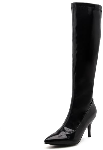 OALEEN Bottes Hautes Genoux Femme Hiver Chaude Talon Aiguille Sexy Vernis Bout Pointu Soirée Chaussures Fourrées Noir 35