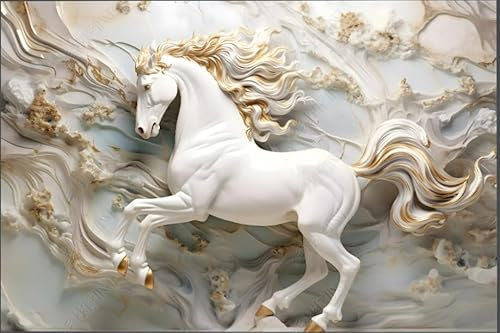 ZYHFDC Papier Peint Panoramique Relief en plâtre du cheval blanc Tableaux Muraux Tapisserie Photo Décoration Murale Salon Chambre 350CM(L)*256CM(H)