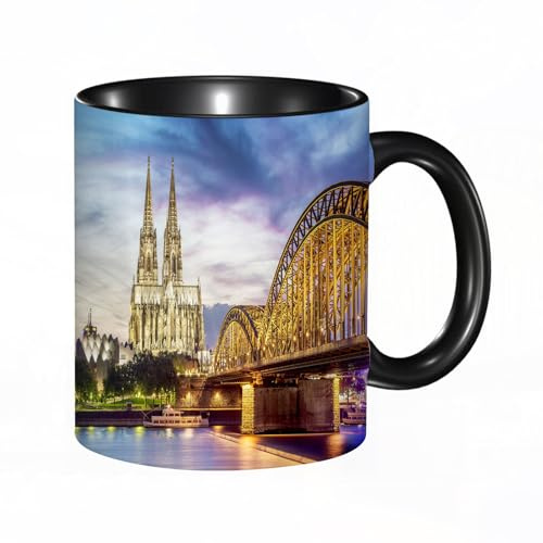 reyawdf Original Tasse mit lustigem Design,Beleuchteter Dom in Köln mit Brücke und Rhein bei Sonnenuntergang,330ml, für Kaffee- und Teeliebhaber, als Geschenk für Weihnachten, Geburtstag und mehr