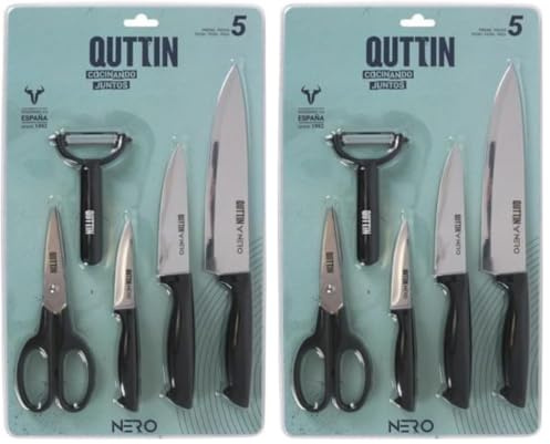 Quttin | Set De 5 Cuchillos, Pelador Y Tijera Colección Nero - Set de Cuchillos Cocina - Set de Cuchillos Profesional - Set Cuchillos Calidad (Paquete de 2)