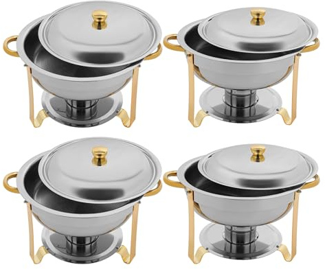 Lot de 2 chauffe-plats ronds de 9 l en acier inoxydable pour fêtes, mariages, pique-niques, buffets (4 x doré)