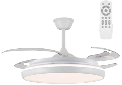 wonderlamp - Ventilador de Techo grande con aspas retráctiles, Silencioso Michu Blanco, Ø120 cm, Motor DC 6 Velocidades, LED 80W 9000 lm Regulable CCT, Mando a Distancia, Modo Verano/Invierno
