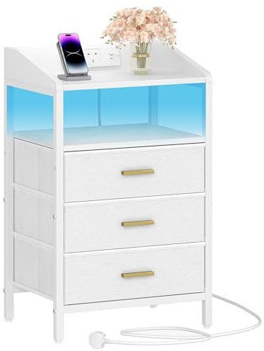 Hzuaneri Bedside Table, Charging Station & LED Light, White | Bedside Cabinet with 3 Fabric Storage Drawers and Shelves, Nightstand with USB Ports & TypeC for Bedroom, NS31013WUK