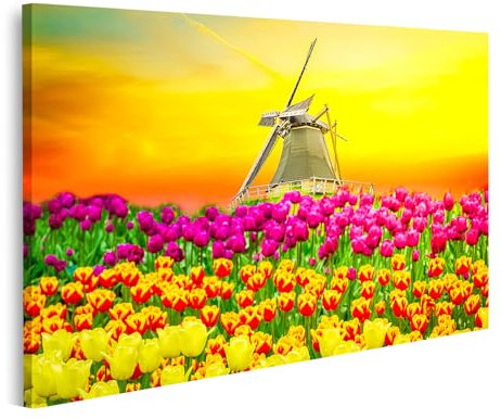 islandburner Prime Bild auf Leinwand Bunte Tulpen und Windmühle im Sonnenuntergang Bilder Wandbilder Poster