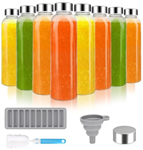 Glass Juice Bottles with Lids for Juicing, 500ml Clear Glass Water Bottles | Reusable Glass Water Bottles with Stainless Steel Airtight Cap for Refrigerator, 100% Leak Proof, BPA Free, Set of 8