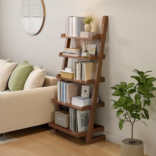 AQIMUELE Wooden Shelf, Bookshelf, Free-Standing Shelf, DVD Shelf, with 5 Tiers, Office Shelf, Open Storage, for Office, Living Room, Bedroom, Kitchen, 27D x 60W x 137H cm (Walnut)