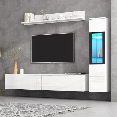Hommdiy Set of 3 TV wall unit, LED TV Stand, high gloss TV Cabinet, white living room furniture sets frontal wall unit, 1 x TV cabinet, 1 x living room display cabinet, 1 x hanging shelf