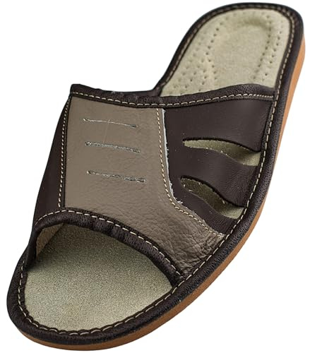 APREGGIO - Zapatillas de casa para hombre de cuero liso - Suela plana - Puntera abierta - Pantuflas de cuero para hombre - Ideales como zapatillas de verano - Gris - Talla 47