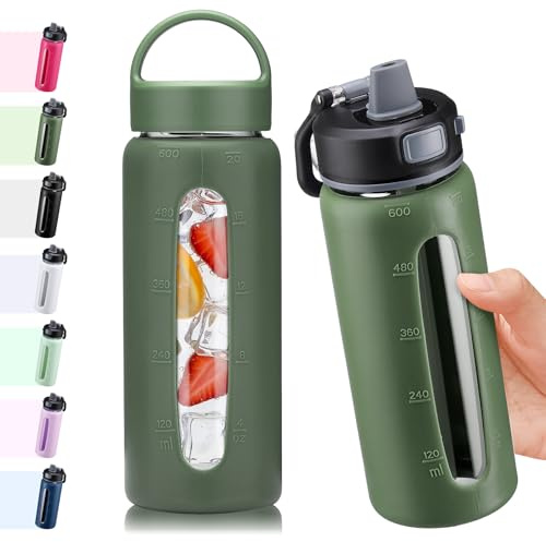 BLUEGO 600ml Glass Water Bottle with 2 Lids-One-touch Lock Lid and Handle Lid Reusable Drinking Bottle with Time Marking for Travel Home Gym Sports BPA Free, Olive