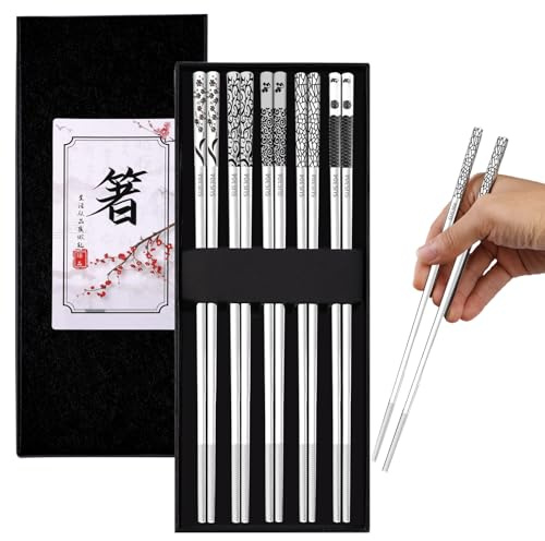Maxmoc 5 Paar Essstäbchen Edelstahl,Spülmaschinenfest Stäbchen zum Essen | Anti-Rutsch Sushi Stäbchen,Metall Chinesische Chopsticks Geschenkset für Zuhause Restaurant Camping