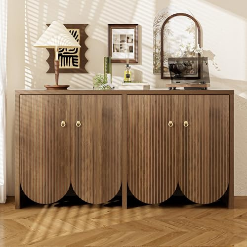 Elegante aparador de color nogal – 147 × 40 × 80 cm con 4 puertas, estantes ajustables y asas de aluminio – Armario de almacenamiento versátil para salón, comedor y pasillo